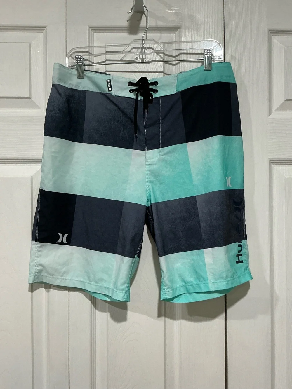 💙 Hurley Phantom Men’s Board Shorts Green White Gray Plaid Pocket - 32 (01285)